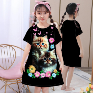 DRESS ANAK PEREMPUAN/PAKAIAN ANAK PEREMPUAN/MOTIF KUCING KUPU KUCING MEOW/UNTUK ANAK 1 TAHUN-10 TAHUN
