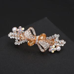 Crystal Bow Hair Clip Rhinestone Flower Headpiece Champagne Rhinestone Pearl Bridal Jewelry Hair Accessories for Women