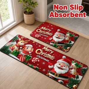 Kitchen Mat Set Holiday Snowman Reindeer Floor Rug Absorbent Non slip Quick Dry Soft Surface Washable Home Decor