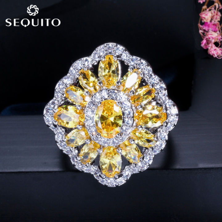 SEQUITO Brilliant Oval Yellow Citrine Women Engagement Prom Party Ring  Around Cubic Zirconia Diamond Silver Fashion Finger Jewelry (Size:US  6,7,8,9)