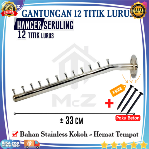 GANTUNGAN BAJU 12 TITIK LURUS P=33Cm Stainless Tempel Bonus Paku Beton - Gantungan Baju Besi Stainless - Gantungan Baju Tempel Tembok - Gantungan Tempel Dinding - Gantungan Baju Multifungsi - Hanger Gantungan Baju Dinding - Gantungan Baju Hanger -bisa COD