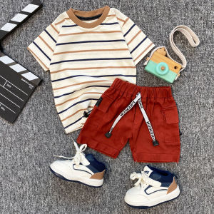 ESTISHOP X DINODAY Setelan anak laki laki kaos salur keren baju stripe lengan kombinasi celana jeans 1-7 Tahun
