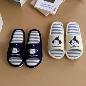 XIXITIAO Cute Puppy Men and Women Soft Sole Comfortable Home Cotton Linen Floor Shoes Simple Color Block Striped Spring Summer Slippers