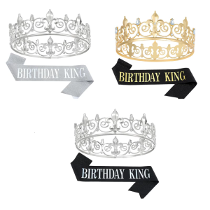 Black Gold Birthday King Crown with Comfortable Glitter Sash for Men and Boy Luxurious King Headpiece
