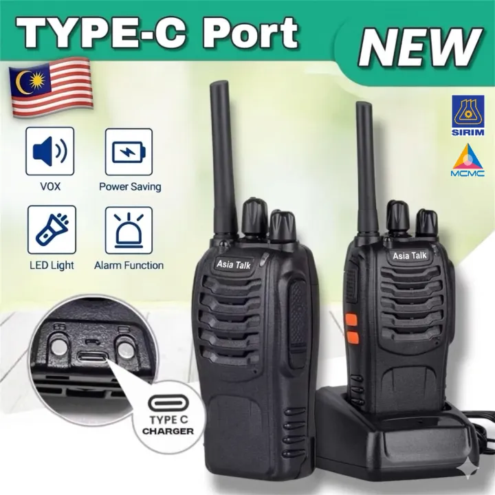 SIRIM Approve Walkie Talkie ASIA TALK Type-C Port 2/10 PCS Call range 1-3 km for Security/Restaurant Staff walkie talkie
