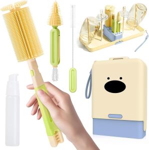 Trustnice Bottle Brush Set Baby Travel Essential-8 in 1 Travel Bottle Cleaner Kit with Silicone Brush Drying Rack Brush Straw Brush Soap Dispenser & Organizer Case Ideal Gifts for Moms