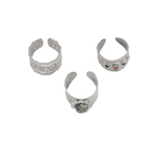 BEAUTYLADIES 3Pcs ด้านกว้าง แหวนพลอยเทียมวินเทจ ทองเงินเงิน รูปทรงเรขาคณิต แหวนโลหะเปิด แฟชั่นสำหรับผู้หญิง เรียบเนียน เครื่องประดับนิ้วมือผู้หญิง สำหรับผู้หญิง