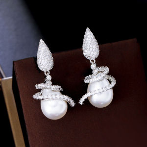 SEQUITO Designer White Gold Plated Full Paved Sparkling AAA Cubic Zirconia Drop Big Pearl Dangle Earrings Unique Women Banquet Prom Jewelry for Festive Gift SE765