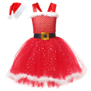 lilysshop Kid Girl Santa Christmas Costume Sleeveless Tulle Patchwork A-Line Dress + Long Stocking + Headband/Hat Cosplay Clothes