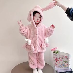 Kids Bunny Pajama Set Girls Fleece Hooded Sleepwear with Cartoon Print Winter Loungewear