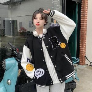 R BASEBALL - R SMILE JACKET BASEBALL / BAHAN FLEECE SIZE M - XL / BASEBALL JAKET KOREAN STYLE WANITA / JACKET VARSITY  WANITA / BASEBALL JAKET CROP WANITA / BOMBER CEWEK MURAH BERKUALITAS / JACKET CEWEK KEKINIAN  TERBARU / BEST SELLER | SUPORT COD