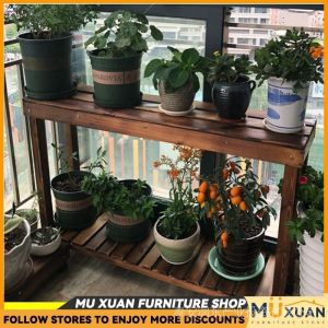Outdoor Solid Wood Flower Rack Anti-corrosive Plant Rack 2 Tier Succulents Rectangular Flower Shelf Carbonized Stool HFNO shenmediao.sg
