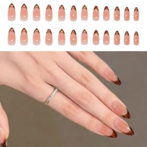 Luxurious French Tip Leopard Press On Nail Almond Acrylic False Nail with Pink Designs Artificial Nail for Women 24Pcs