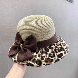 LUSIT Họa tiết da báo Mũ cói thắt nơ Bảo vệ khỏi tia cực tím Vành rộng Mũ của ngư dân Thời trang Nhẹ Mũ chống nắng nữ Mùa hè ngoài trời