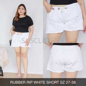 CELANA JEANS WANITA RUBBER WHITE DESTROY SHORT -SYS CLOTHIER - Denim Non Melar Pinggang Full Karet (Harga Terjangkau)