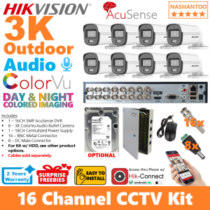 HIKVISION 16Channel 3K Smart Hybrid Light ColorVu Audio 8Cameras Outdoor AcuSense 16CH DIY CCTV Package Kit NASHANTOO 16/8CRA5 CPS(8B) (with optional HDD)