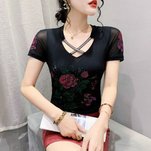 YIMEI Đẹp Quảng Châu Phụ Nữ Của T-Shirt 2023 Mùa Hè Mới Hai Lớp Lụa Băng Áo Lưới Thời Trang Ngắn Tay Đa Năng Nghề Nặng Kim Cương Nhúng T-Shirt