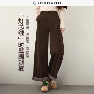 Giordano Beau Monde Women Plaid cuffed wide leg cotton corduroy pants Free Shipping 13416717