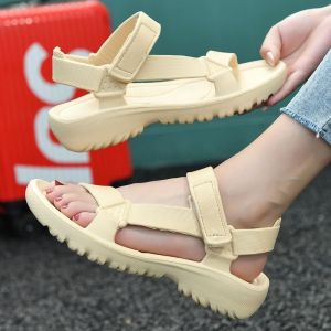 Free Shipping WomenS Fashion Sandals And Slippers Stylish Beach Shoes Outdoor Summer Large Size Lightweight Magic Buckle Solid Color Black Heel