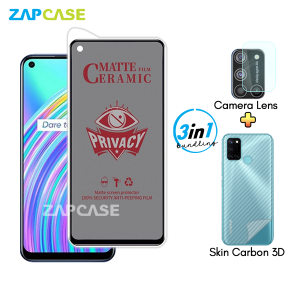 Paket 3in1 Anti Gores Layar Privasi Realme C17 Free Tempered Glass Camera dan Skin Carbon