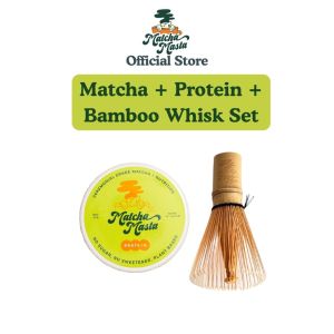 Matcha-Masta Matcha + Protein 2 Piece Set Bundle (Uji Ceremonial Grade Matcha + Protein 100 Prong Bamboo Whisk)