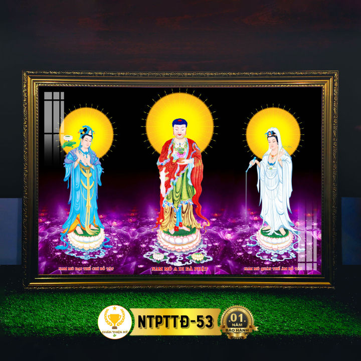 Tranh Treo Phòng Thờ Tây Phương Tam Thánh Đứng Có Đèn CHÂN THIỆN MỸ ...