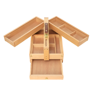 MEEDEN Artist Supply Storage Box - Portable Foldable Multi-Function Beech Wood Artist Tool & Brush Storage Box with Compartments & Drawer for Pastels Pencils Pens Markers Brushes