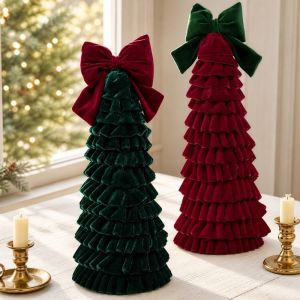 Bow Decor Christmas Tree Ornament Multi-Layer Velvet Tabletop Christmas Tree Handmade Craft Exquisite Tree Shape Bowknot Christmas