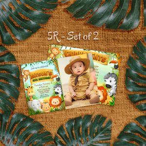 Safari Themed Birthday Photo Invitation Card with Envelope - Cute Zoo Forest Animals Invite - Wild One - Personalized