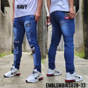 PROMO CELANA JEANS EMBLEM BIKSU SOBEK / CELANA PANJANG HEANS SOBEK SOBEK PRIA EMBLEM BIKSU TERLARIS / CELANA SLYMFIT PRIA EMBLEM BIKSU BORDIR