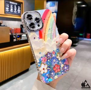 (Free Ring Kamera) Luxury Softcase Shine Rainbow Flower Butterfly Gliter Swarovsky For iPhone 15 14 13 12 11 Pro Max Plus Xr Silikon Pelangi Bunga Kupu Kupu Pelindung Kamera Chrome Krom Camera Protector Silicone Anti Gores Kaca
