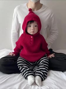 Baby clothes red sweater set for autumn and winter stylish hooded thick knitwear for boys and girls festive for the New Year