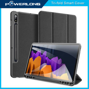 POWERLONG PH For Samsung Galaxy Tab S8 Plus S7 FE S7 Plus 12.4 2021 Leather Tri-fold Stand Tablet Smart Cover Auto Sleep Wake TPU Flip Case With Pen Slot For Samsung Galaxy Tab S9 Plus 2022 / Tab A9 Plus 2023