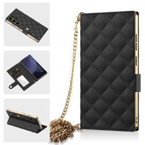 Diamond Quilt S25 Ultra Crossbody Wallet Case Leather Flip Cover Slim Card Holder Stand Samsung Galaxy S25Ultra Casing Full Body Shockproof Protective Phone Case with Chain Strap
