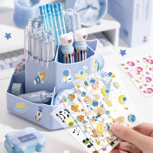 Rotating Pen Holder Cute Desktop Storage Box with Cartoon Sticker School Supplies Office Stationery