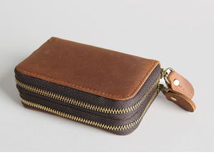 Mens Multi-function Key Bag Retro Crazy Horse leather hand carry short double zipper coin card holders purse Keys Pouches with wrist strap㏇0706