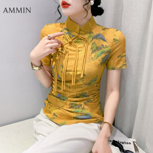 AMMIN Summer New Chinese Style Chinese style disc buckle design Stand collar Abstract graffiti print slim chic short sleeve T-shirt Womens national style landscape print Large Size S-3XL Casual Comfortable Elegant blouse