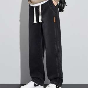 กางเกงยีนส์ผู้ชาย กางเกงยีนส์ทรงหลวมทรงตรงสไตล์อเมริกันฤดูใบไม้ร่วง/ฤดูหนาวบุขนแกะสำหรับผู้ชาย กางเกงขายาวทรงกว้างลำลอง กางเกงยีนส์ฤดูหนาวไซส์ใหญ่