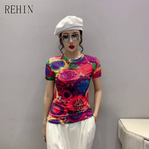 REHIN Womens top summer fashion mesh three-dimensional unique pattern print short-sleeved T-shirt round neck slim thin S-3XL elegant blouse