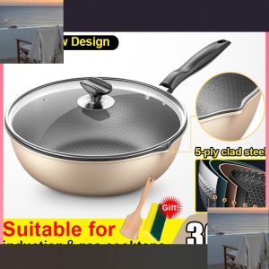 【5-ply composite steel】28-34cm stainless steel non stick frying pan non-stick pan no coating non stick pot cooking pan honeycomb wok non stick wok egg pan