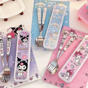 3PCS Kawaii Sanrio My Melody Cinnamoroll Kuromi Cutlery Set Cartoon Chopsticks Spoon Fork Set Portable Tableware Storage Box