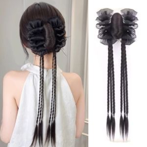 HUIHEYU Black Lace Chignon Flower Bun Head Wig Boxing Braided Synthetic Twist Braid Wig Fashion Natural Pony Tail Hairpiece Women