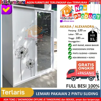 KLIKFURNITURE Lemari Pakaian Besi 2 Pintu Cermin Sliding AKASIA 120