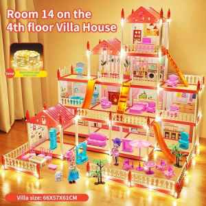 [14 Room+Light] DIY Doll House Princess Villa Dream Castle Assembly Model Toys Pretend Play Set Large Size For Kids Birthday Gifts