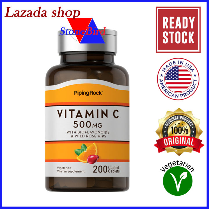 PipingRock Vitamin C 500 mg with Bioflavonoids & Rose Hips, 200 Coated