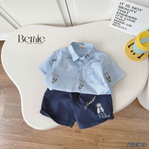 Set sơmi họa tiết in tràn cún Puppy và quần short bé trai đi chơi đi biển 11tới 28kg BERNIE T1225B10