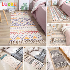 Luckyzone Cotton Linen Bedside Rug Hand Woven Retro Carpet Washable Decorative Porch Doormat Tassels with Anti Skid Pad Throw Rug Living Room Carpet Floor Mat