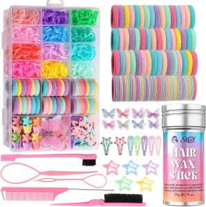 Hair Accessories for Girls 1350P Colorful Hair Ties with 44P Hair Clips Glitter Butterfly Hair Clips Hair Wax Stick Butterfly Hair Claws Hair Barrettes with Comb Set&Organizer Ideal Gifts