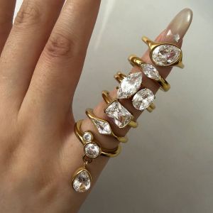 HEALMEYOU Open Square Rhinestone Ring Geometric Imitation Mozambique Stackable Rings Simple Exaggerated Zircon Ring Women