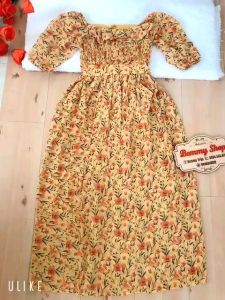 Đầm maxi hoa tay lỡ phồng xẻ đùi cổ bèo nhúng ngực